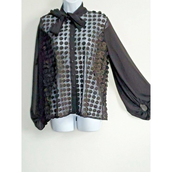 Nha Bhanh Sheer Small Button Down Black Shirt Circles w/Gold Trim Pussy Bow - Picture 2 of 10